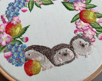 Hedgehog Wildlife Wreath: Hand Embroidery Needle/Thread Painting Pattern with Apples, Blossoms & Forget Me Nots. Instant Download PDF