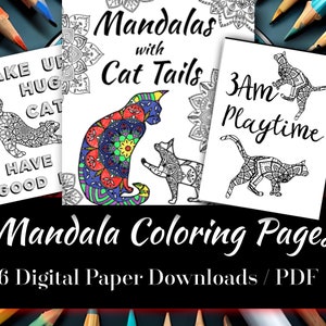 Cat Coloring Pages Mandala Coloring Printable for Kids and Adults 6 Coloring Pages with Funny Quotes Digital PDF Instant Download