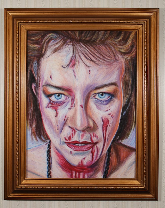 Framed Original Artwork - Julia Cotton, Hellraiser- Oil Pastel, Portrait, Horror, Scary