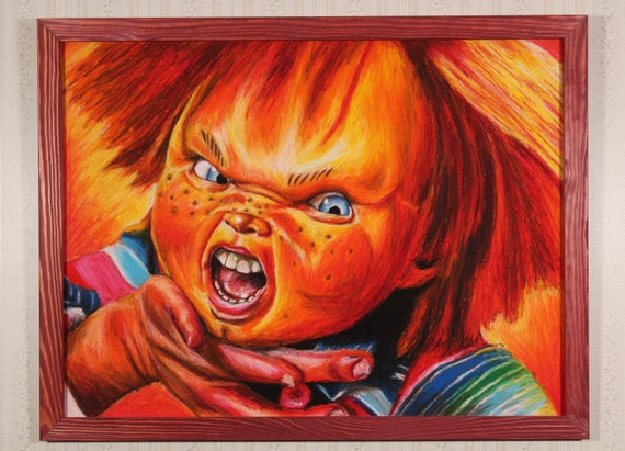 Framed Original Artwork - Chucky - Oil Pastel, Horror, Portrait, Doll, Creepy, Goth, Dark