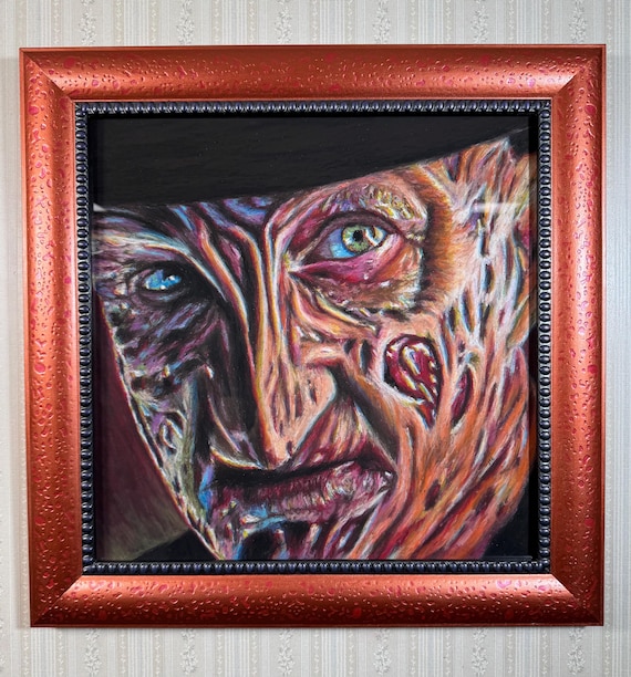 Original Artwork with Hand-Painted Frame - Freddy Krueger - Nightmare on Elm Street, Oil Pastel, 80s, Nostalgic, Horror