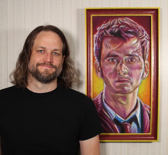 The Doctor - Original Artwork in Hand-Painted Frame - Oil Pastel, Doctor Who, Sci-Fi, Pop Art, Nostalgic, David Tennant, Tenth Doctor