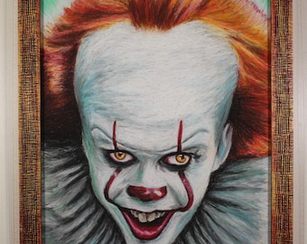 Framed Original Artwork - Pennywise - Oil Pastel, Horror, Clowns, IT, Scary, Goth, Dark