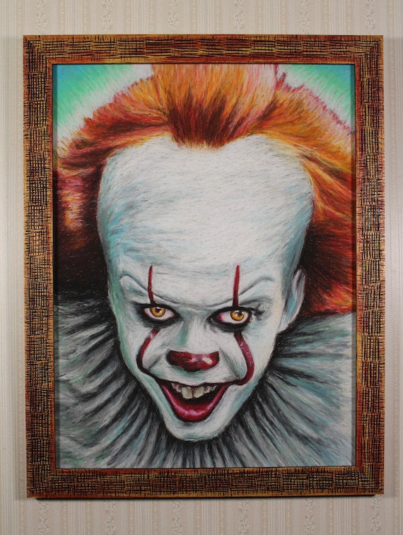 Framed Original Artwork - Pennywise - Oil Pastel, Horror, Clowns, IT, Scary, Goth, Dark