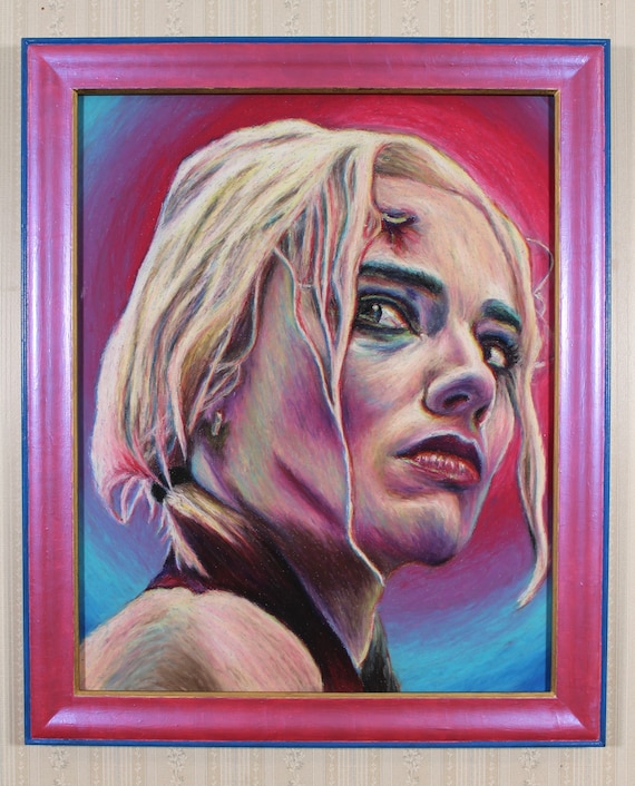 Original Artwork with Hand-Painted Frame - Harley Quinn - The Suicide Squad, Margot Robbie, Oil Pastel, Film Art, Batman