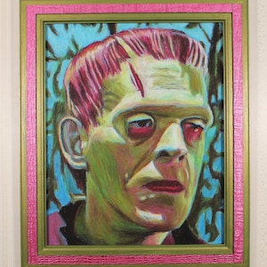 Origineel kunstwerk in handgeschilderde lijst - Monster van Frankenstein - Oliepastel, horror