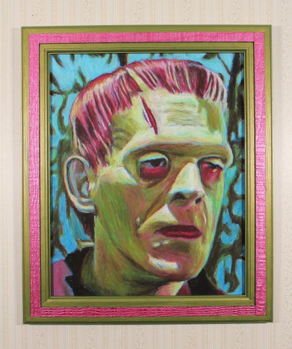 Original Artwork in Hand-Painted Frame - Frankenstein’s Monster - Oil Pastel, Horror