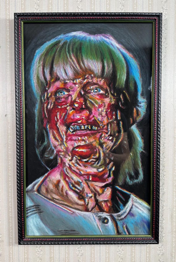 Original Artwork in Hand-Painted Frame - Kelly - Prince of Darkness, Oil Pastel, 80s Horror, Pop Art, John Carpenter