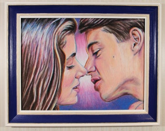 Original Artwork with Hand-Painted Frame - Ferris and Sloane - Oil Pastel, Ferris Bueller’s Day Off, 80s, Pop Art, Nostalgic, Film Art