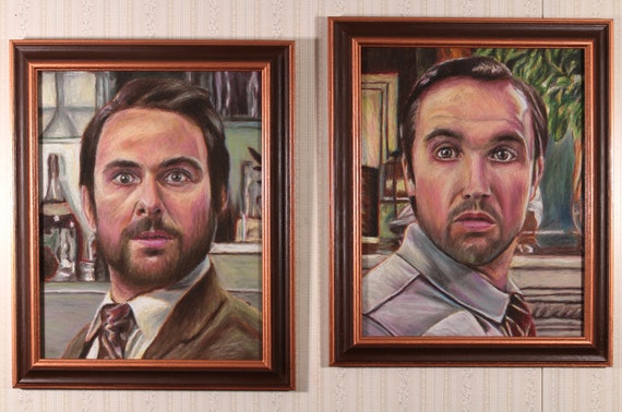 Two Original Artworks in Hand Painted Frames - Charlie and Mac - It’s Always Sunny in Philadelphia, Oil Pastel, Charlie Day, Rob McElhenney