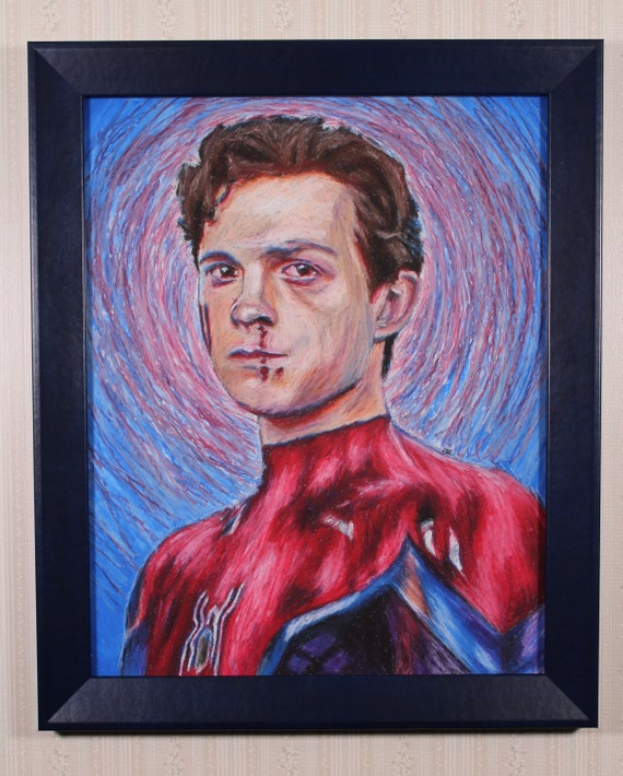 Framed Original Artwork - Spider-Man - Oil Pastel, Tom Holland, Fan Art, Portrait