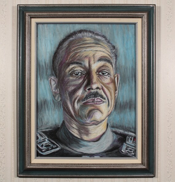 Framed Original Art - Moff Gideon - Oil Pastel, Horror Portrait, Star Wars, Empire, Mandalorian