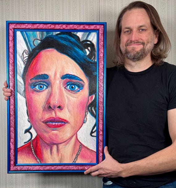 Sue - Original Artwork in Hand-Painted Frame - The Substance, Margaret Qualley, Horror, Glamour