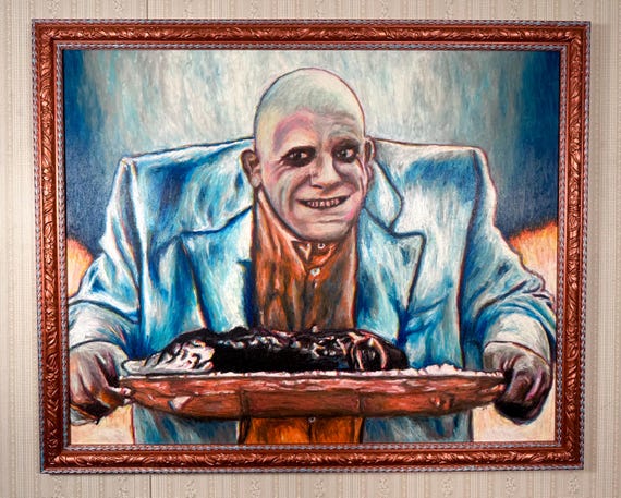 Original Artwork in Hand-Painted Frame - Uncle Fester - Addams Family, Oil Pastel