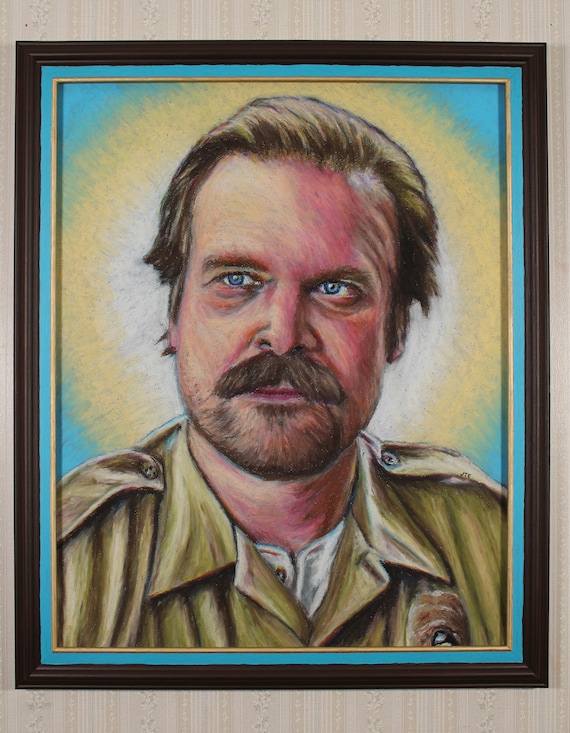 Original Artwork in Hand-Painted Frame - Jim Hopper - Stranger Things, Oil Pastel, Horror, David Harbour