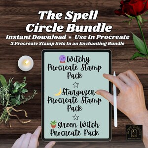 May include: A digital art bundle titled "The Spell Circle Bundle" with text that reads "Instant Download Use In Procreate". The image shows a tablet displaying three Procreate stamp packs: Witchy, Stargazer, and Green Witch.