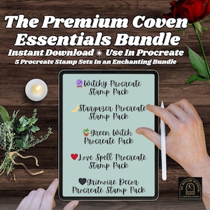 May include: A digital tablet displays a bundle of Procreate stamp sets with the text "The Premium Coven Essentials Bundle." The screen shows five themed stamp packs: Witchy, Stargazer, Green Witch, Love Spell, and Grimoire Decor.