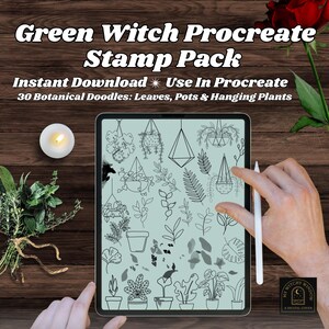 May include: A digital art stamp pack for Procreate, featuring botanical doodles of leaves, pots, and hanging plants. The text reads "Green Witch Procreate Stamp Pack" and "Instant Download." The image is displayed on a tablet with a stylus.