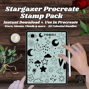 Stargazer Procreate Stamps | 35 Celestial Doodles: Stars, Moons, Clouds & More | My Witchy Window