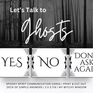 May include: Black and white image featuring a spooky forest backdrop with the text "Let's Talk to Ghosts." Below are cards with "YES," "NO," and "DON'T ASK AGAIN." The cards are decorated with spiderwebs and bats. The text at the bottom reads "Spooky Spirit Communication Cards."