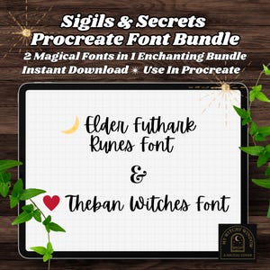 May include: A digital art bundle featuring two Procreate fonts: Elder Futhark Runes and Theban Witches. The image displays the font names on a tablet screen, with a heart and crescent moon graphic. The background is a dark wood texture.
