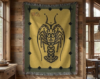 Eclectic Lobster Woven Blanket, 60" x 50" Boho Tapestry, 100% Cotton Throw Blanket, Yellow Red Blue, Astrology Sign