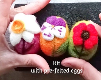 Springtime Needle Felting Kit Easter Eggs - Waldorf Easter Decoration DIY - Needle Felted Eggs with Pre-felted Base