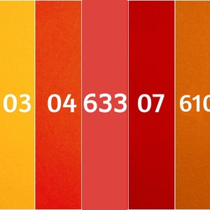 May include: A color palette featuring seven vertical rectangles in shades of yellow, orange, red, and purple. Each rectangle has a unique color and a white number sequence.