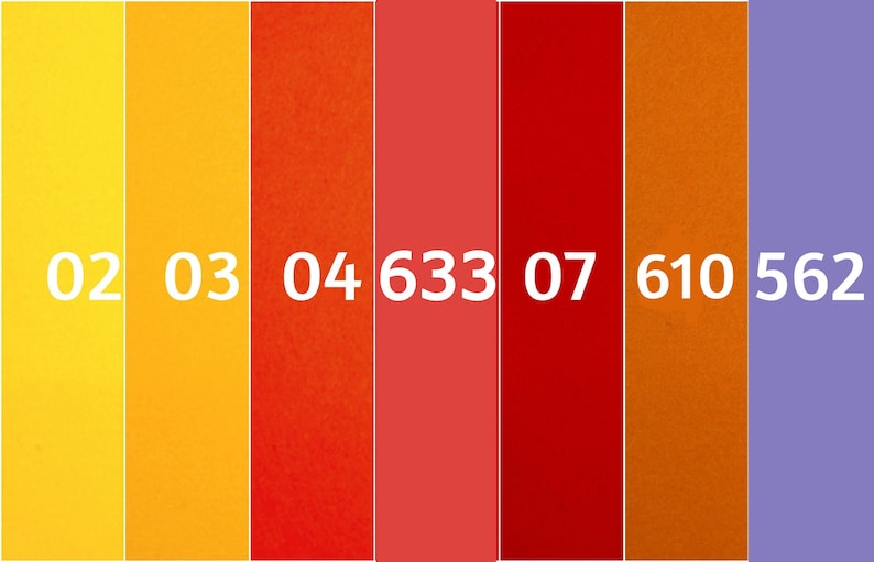 May include: A color palette featuring seven vertical rectangles in shades of yellow, orange, red, and purple. Each rectangle has a unique color and a white number sequence.