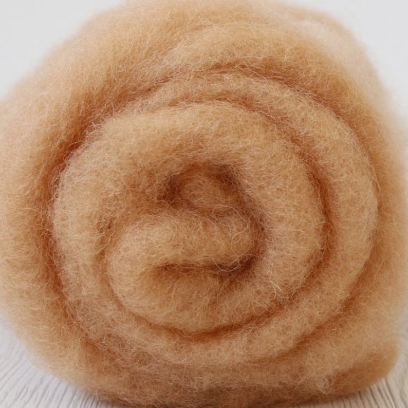 May include: A close-up of a roll of light brown wool roving. The wool is soft and fluffy, and it is perfect for felting or spinning.