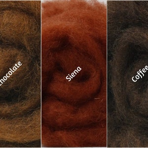 May include: Three samples of wool roving in the colors chocolate, sienna, and coffee.
