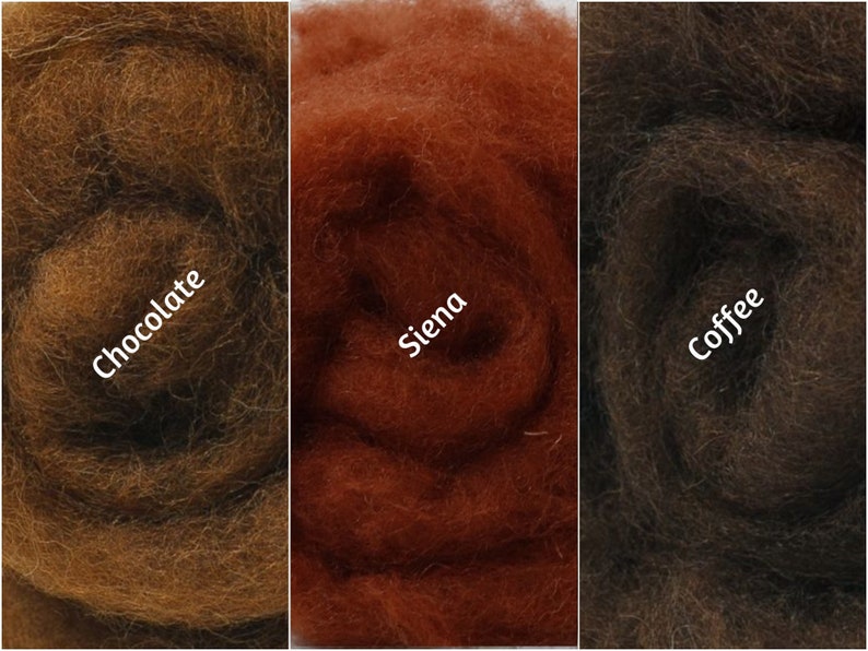 May include: Three samples of wool roving in the colors chocolate, sienna, and coffee.