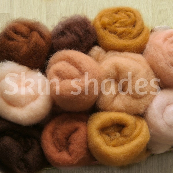 Ensemble de 11 teintes de laine cardée aux tons chair variés - Laine à feutrer teintes peau - Laine cardée pour feutrer des poupées