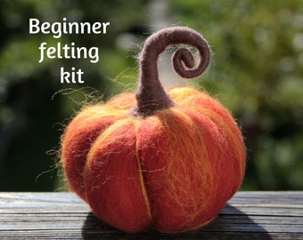 Pumpkin felting kit for beginners  - Needle felted pumpkin kit with prefelted base - Starter's felting kit