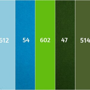 May include: A color palette featuring vertical rectangular blocks in shades of light blue, blue, green, and olive green. Each block has a white number. The colors range from light to dark, creating a visually appealing gradient.