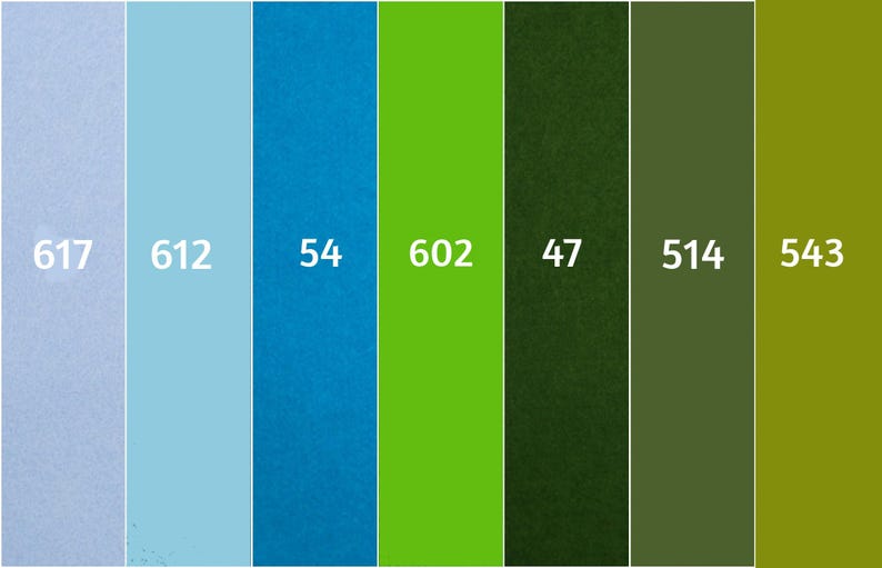May include: A color palette featuring vertical rectangular blocks in shades of light blue, blue, green, and olive green. Each block has a white number. The colors range from light to dark, creating a visually appealing gradient.