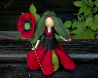 Needle felted fairy doll - Waldorf wool fairies for summer - Needle felted poppy doll