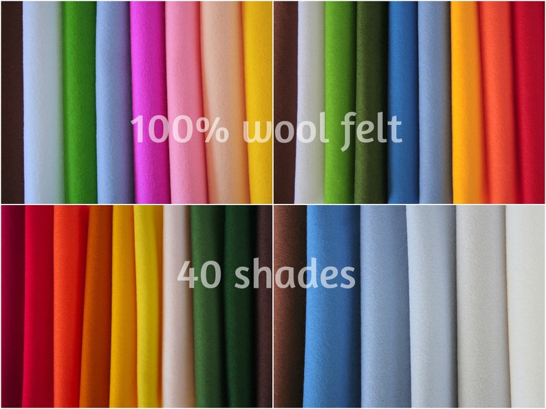 May include: A collection of 40 shades of 100% wool felt in various colors, including white, pink, yellow, green, blue, orange, and red. The text "100% wool felt" and "40 shades" are displayed in white.