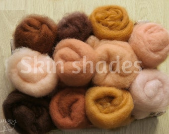 Diverse skin tones carded wool 11 shades - Skin shades felting wool - Carded wool for felting dolls