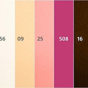 May include: A color palette featuring seven vertical blocks of color. The colors include gray (538), off-white (56), light peach (09), light pink (25), magenta (508), dark brown (16), and brown (603). Each block has a three-digit number in white.
