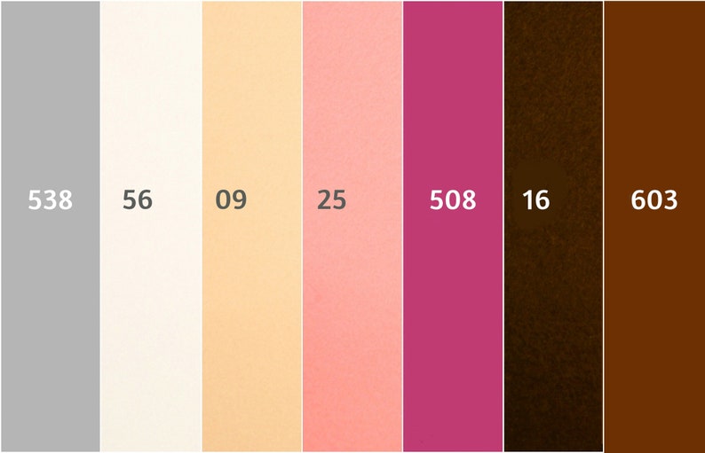 May include: A color palette featuring seven vertical blocks of color. The colors include gray (538), off-white (56), light peach (09), light pink (25), magenta (508), dark brown (16), and brown (603). Each block has a three-digit number in white.