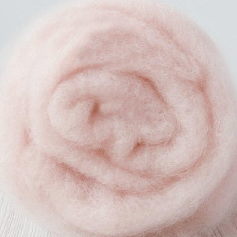 May include: A close-up of a soft, fluffy, pale pink wool roving. The wool is tightly packed together, creating a smooth, even surface.