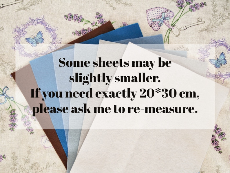 May include: A collection of felt sheets in various shades of blue, brown, and gray. The text on the image states that some sheets may be slightly smaller and requests the customer to ask for re-measurement if they need exactly 20*30 cm.