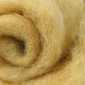 May include: A close-up of a bundle of golden yellow wool roving. The wool is soft and fluffy, and it is perfect for felting or spinning.