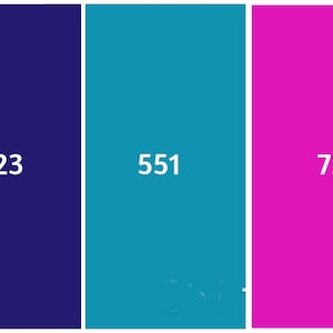May include: A color palette featuring five vertical rectangles. From left to right, the colors are teal with the number 630, deep blue with 623, turquoise with 551, magenta with 72, and brown with 613. Each rectangle has a white border.