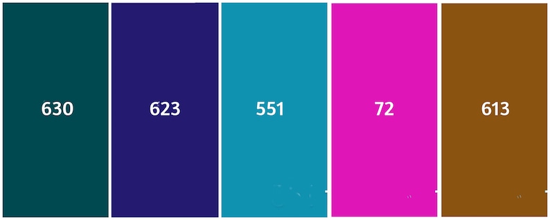 May include: A color palette featuring five vertical rectangles. From left to right, the colors are teal with the number 630, deep blue with 623, turquoise with 551, magenta with 72, and brown with 613. Each rectangle has a white border.