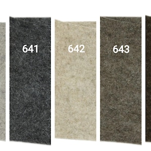 May include: A collection of five rectangular fabric swatches in varying shades of gray, black, and brown. Each swatch is labeled with a number from 640 to 644, indicating a specific color or material option. The textures appear soft and fibrous.