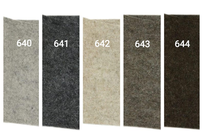 May include: A collection of five rectangular fabric swatches in varying shades of gray, black, and brown. Each swatch is labeled with a number from 640 to 644, indicating a specific color or material option. The textures appear soft and fibrous.
