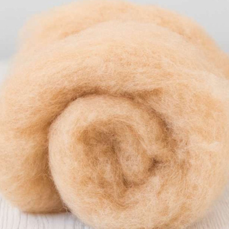 May include: A close-up of a pile of light brown wool roving. The wool is soft and fluffy, and it is perfect for felting or spinning.
