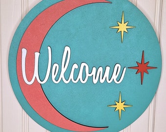 Round Mid-Century Modern Welcome Sign Retro Moon Mid Century Starburst Handcrafted MCM Design for Wall Art